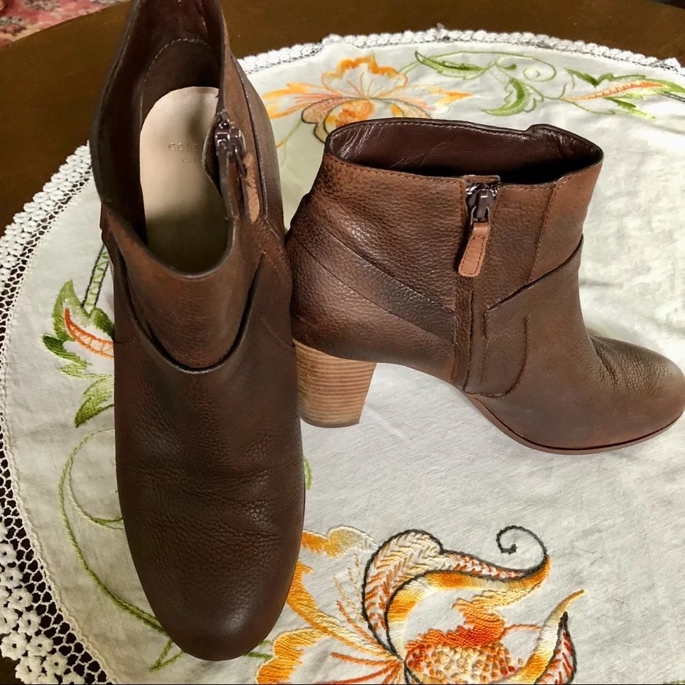Cole Haan Calista Leather Ankle Boots. Harness Strap.Chocolate Brown. Size 10